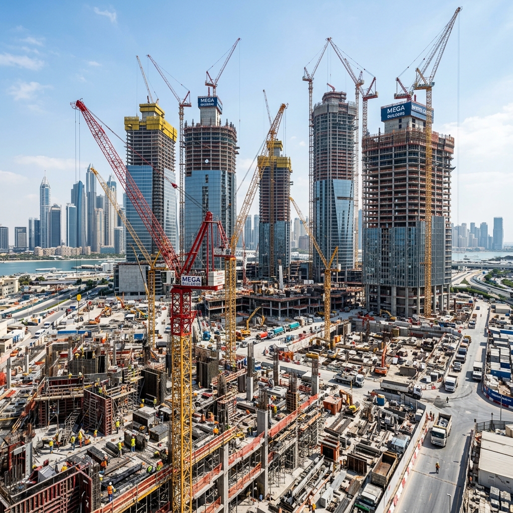 Massive construction mega-project with cranes and skyscrapers being built
