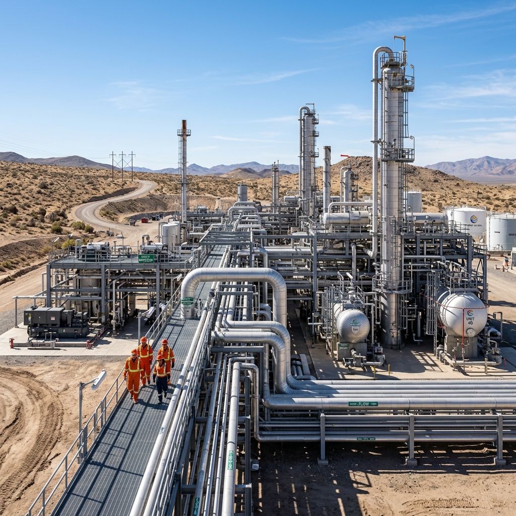 Modern oil and gas facility in a bright desert environment