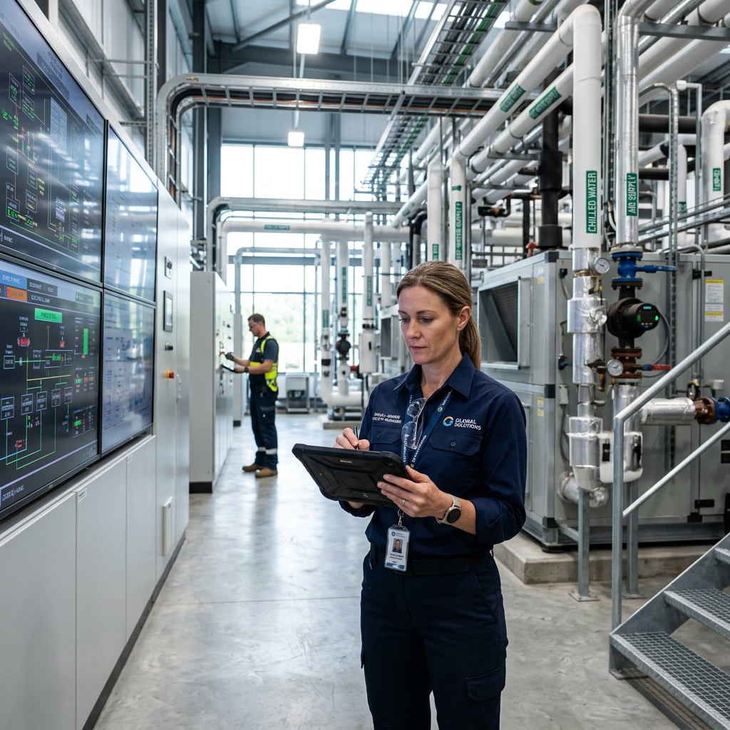 Facility manager in a large mechanical control room holding a digital tablet