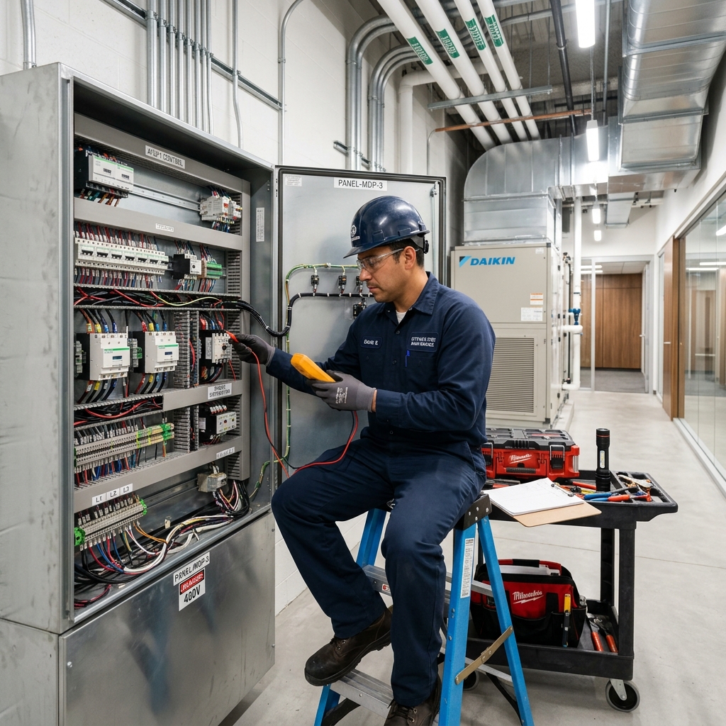 Facilities maintenance technician doing maintenance on an electrical panel in a modern commercial building