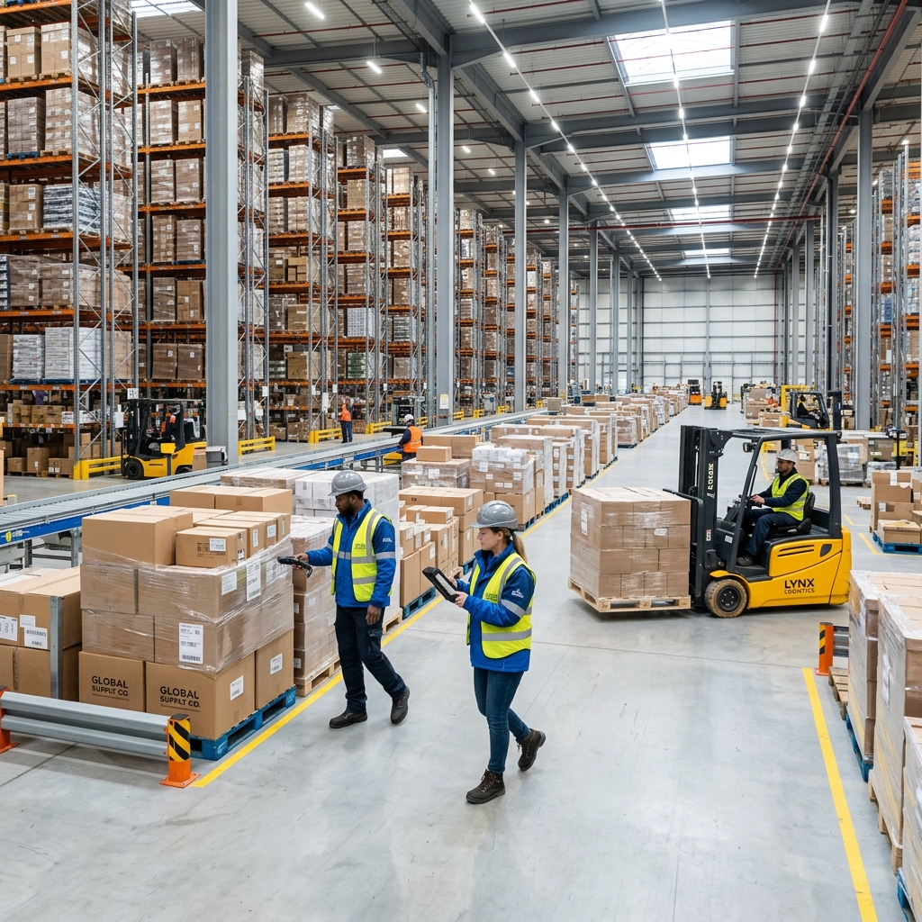 Workers tracking inventory inside a massive modern logistics warehouse