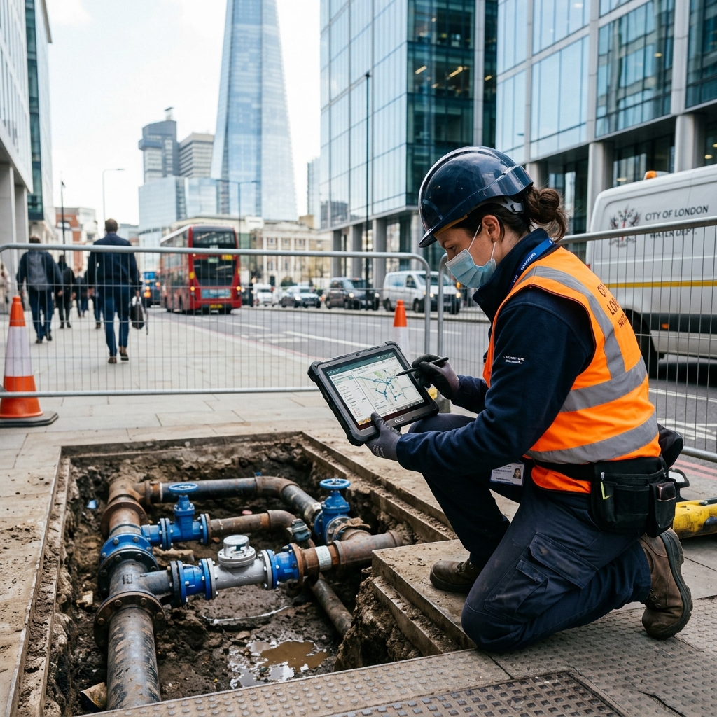 City municipal inspector examining an urban utility water grid