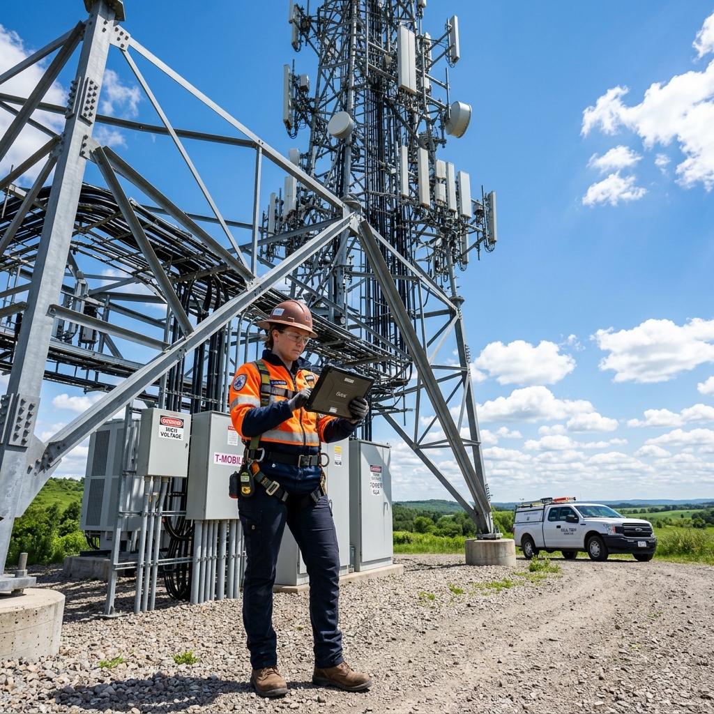 Telecommunications engineer in safety gear near a massive cell tower